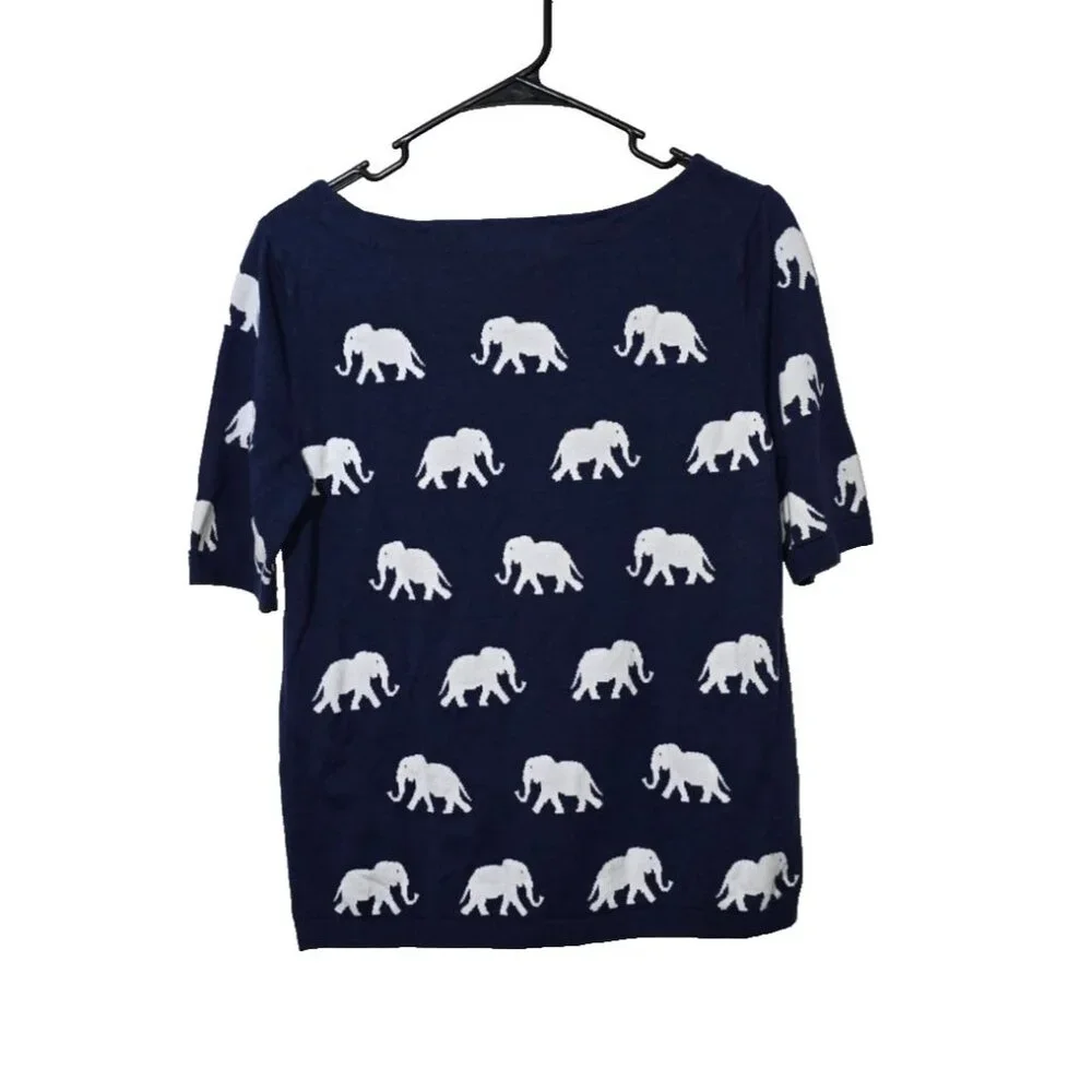 Talbots Top M Blue White Elephants Short Sleeve Comfort Business Casual Classic - Picture 2 of 10